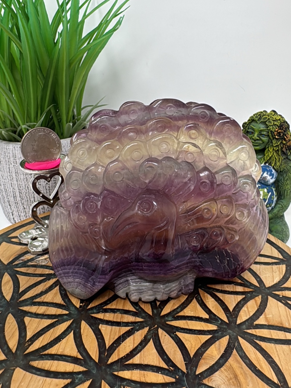 Hand-Carved Purple and Cream Fluorite Peacock Sculpture